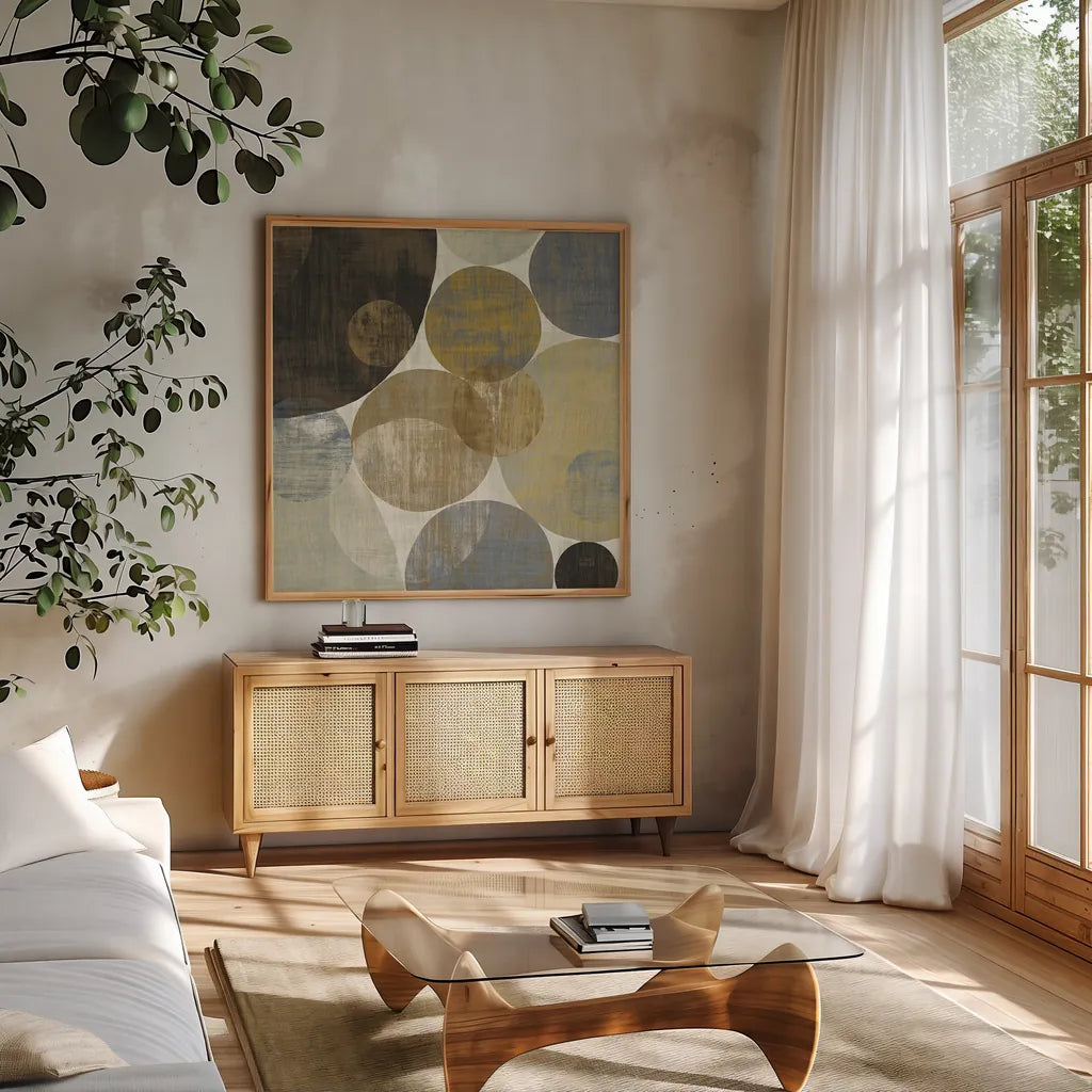 Circulation II by Michael Mullan. Shown in a natural wood frame in a cozy modern living room. Available as an archival giclee rolled canvas, fine art paper, or poster print. SKU 13224a.