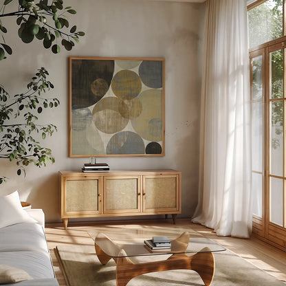 Circulation II by Michael Mullan. Shown in a natural wood frame in a cozy modern living room. Available as an archival giclee rolled canvas, fine art paper, or poster print. SKU 13224a.