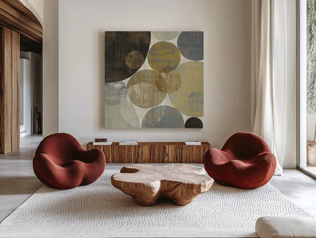 Circulation II by Michael Mullan. Shown as extra-large giant wall art in a modern living room. Available as an archival giclee rolled canvas, fine art paper, or poster print. SKU 13224a.