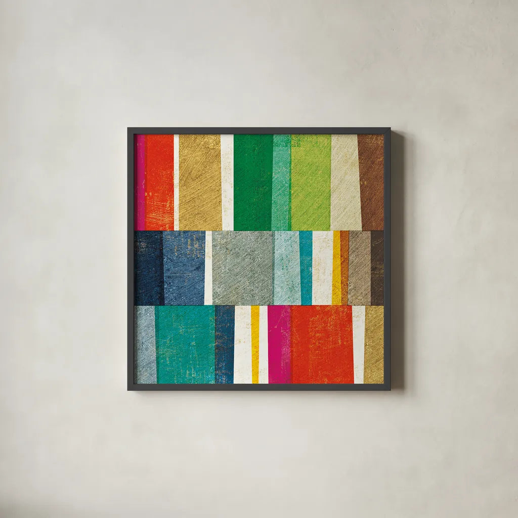 Colorful Abstract by Michael Mullan. Shown in a sleek black glass frame for a contemporary gallery look. Available as an archival giclee rolled canvas, fine art paper, or poster print. SKU 18794a.