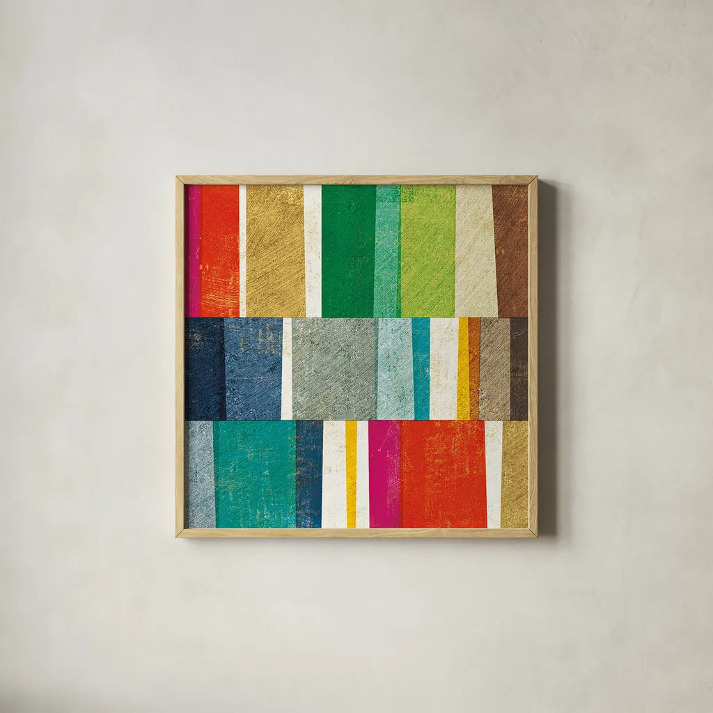 Colorful Abstract by Michael Mullan. Shown in a natural wood glass frame for a timeless modern aesthetic. Available as an archival giclee rolled canvas, fine art paper, or poster print. SKU 18794a.
