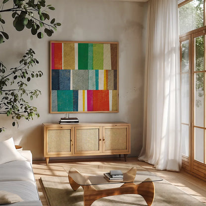 Colorful Abstract by Michael Mullan. Shown in a natural wood frame in a cozy modern living room. Available as an archival giclee rolled canvas, fine art paper, or poster print. SKU 18794a.