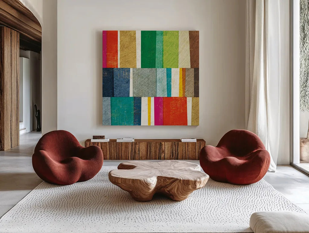 Colorful Abstract by Michael Mullan. Shown as extra-large giant wall art in a modern living room. Available as an archival giclee rolled canvas, fine art paper, or poster print. SKU 18794a.
