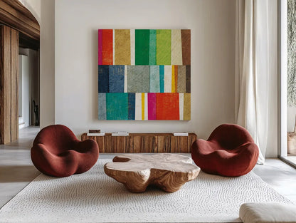 Colorful Abstract by Michael Mullan. Shown as extra-large giant wall art in a modern living room. Available as an archival giclee rolled canvas, fine art paper, or poster print. SKU 18794a.