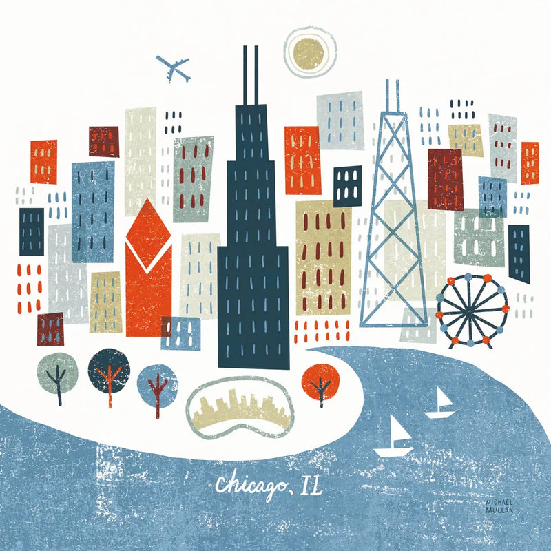 Colorful Chicago by Michael Mullan. SKU 50478a. Archival Giclee Fine art print for wall decor.