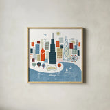 Colorful Chicago by Michael Mullan. Shown in a natural wood glass frame for a timeless modern aesthetic. Available as an archival giclee rolled canvas, fine art paper, or poster print. SKU 50478a.