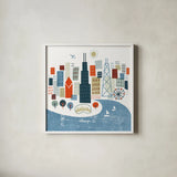 Colorful Chicago by Michael Mullan. Shown in a crisp white glass frame for a clean and minimalist style. Available as an archival giclee rolled canvas, fine art paper, or poster print. SKU 50478a.