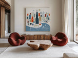 Colorful Chicago by Michael Mullan. Shown as extra-large giant wall art in a modern living room. Available as an archival giclee rolled canvas, fine art paper, or poster print. SKU 50478a.