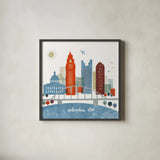 Colorful Columbus by Michael Mullan. Shown in a sleek black glass frame for a contemporary gallery look. Available as an archival giclee rolled canvas, fine art paper, or poster print. SKU 102875a.