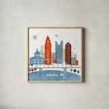 Colorful Columbus by Michael Mullan. Shown in a natural wood glass frame for a timeless modern aesthetic. Available as an archival giclee rolled canvas, fine art paper, or poster print. SKU 102875a.
