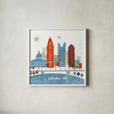 Colorful Columbus by Michael Mullan. Shown in a crisp white glass frame for a clean and minimalist style. Available as an archival giclee rolled canvas, fine art paper, or poster print. SKU 102875a.