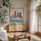 Colorful Columbus by Michael Mullan. Shown in a natural wood frame in a cozy modern living room. Available as an archival giclee rolled canvas, fine art paper, or poster print. SKU 102875a.