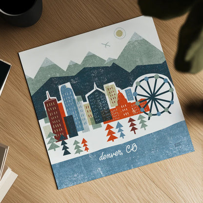 Colorful Denver by Michael Mullan. Shown as a detailed flat fine art print, highlighting archival giclee quality. Available as an archival giclee rolled canvas, fine art paper, or poster print. SKU 102042a.