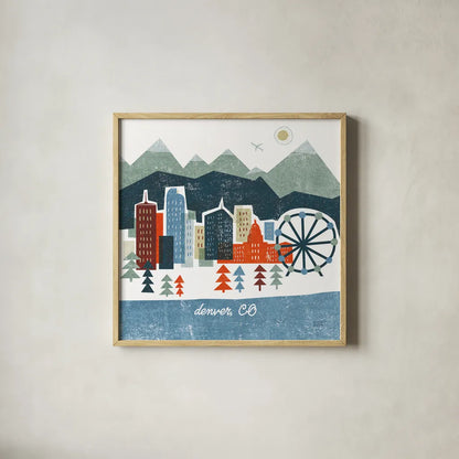 Colorful Denver by Michael Mullan. Shown in a natural wood glass frame for a timeless modern aesthetic. Available as an archival giclee rolled canvas, fine art paper, or poster print. SKU 102042a.