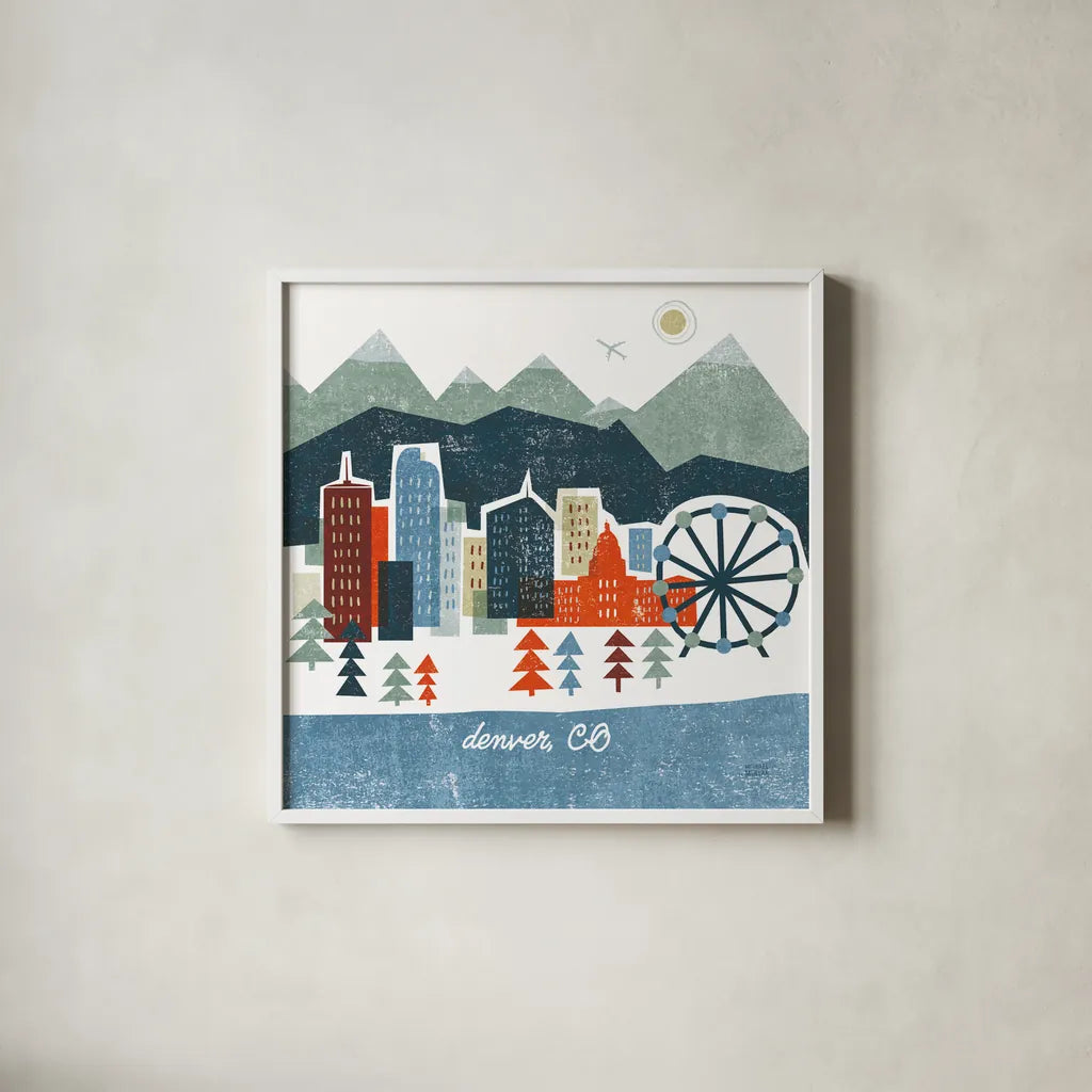 Colorful Denver by Michael Mullan. Shown in a crisp white glass frame for a clean and minimalist style. Available as an archival giclee rolled canvas, fine art paper, or poster print. SKU 102042a.