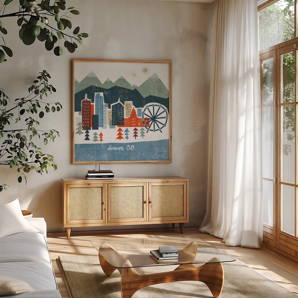 Colorful Denver by Michael Mullan. Shown in a natural wood frame in a cozy modern living room. Available as an archival giclee rolled canvas, fine art paper, or poster print. SKU 102042a.