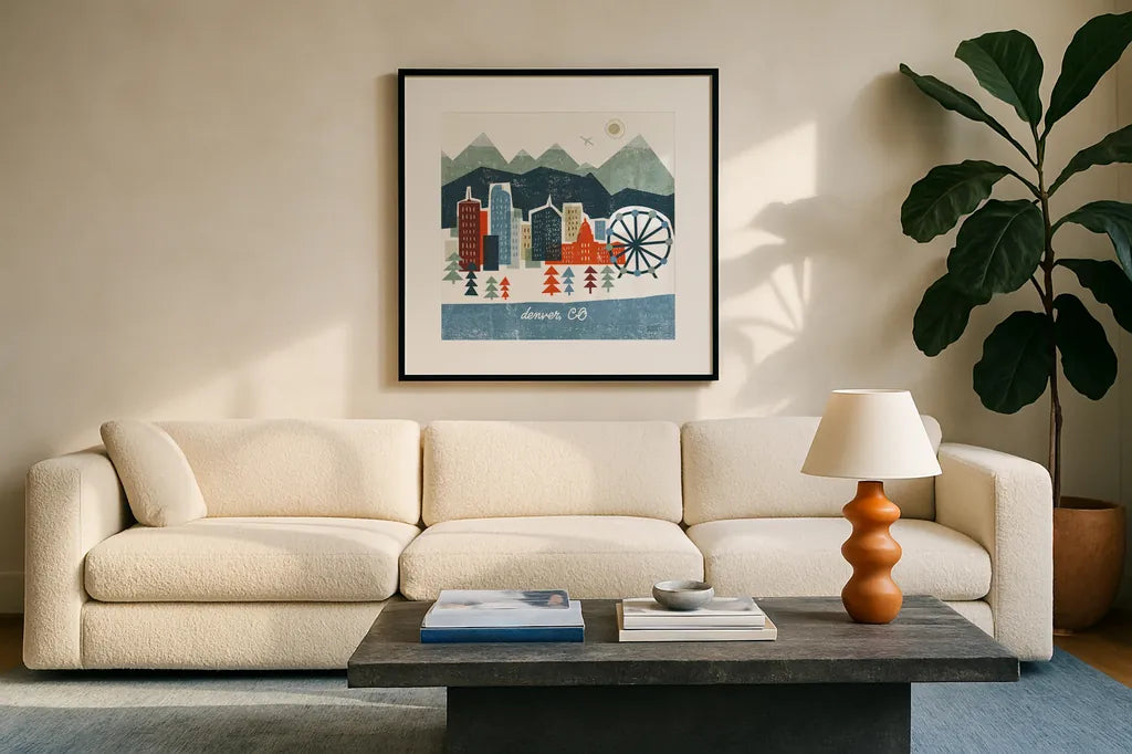 Colorful Denver by Michael Mullan. Displayed in a glass frame with matte in a clean modern living room. Available as an archival giclee rolled canvas, fine art paper, or poster print. SKU 102042a.