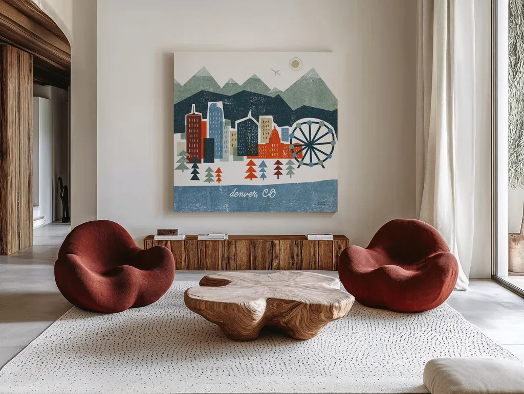 Colorful Denver by Michael Mullan. Shown as extra-large giant wall art in a modern living room. Available as an archival giclee rolled canvas, fine art paper, or poster print. SKU 102042a.
