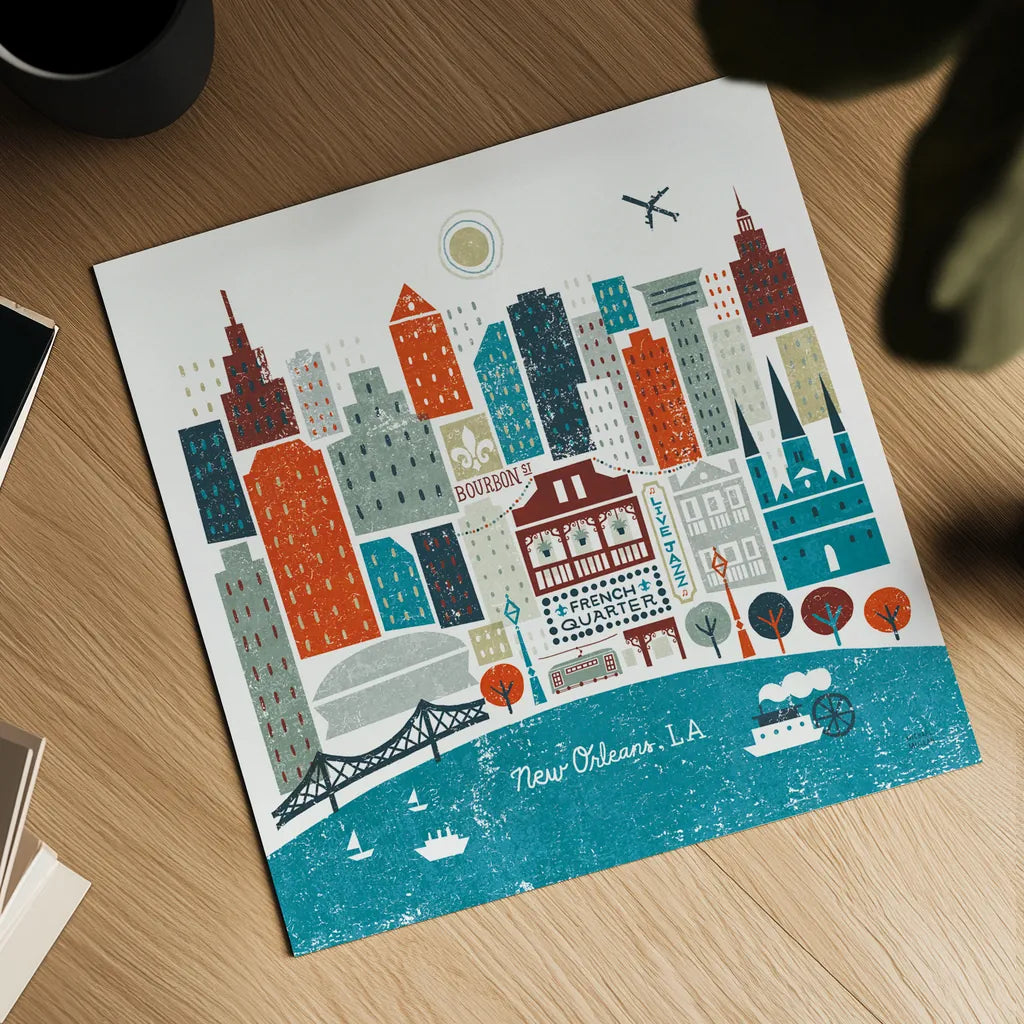 Colorful New Orleans Teal by Michael Mullan. Shown as a detailed flat fine art print, highlighting archival giclee quality. Available as an archival giclee rolled canvas, fine art paper, or poster print. SKU 38515a.