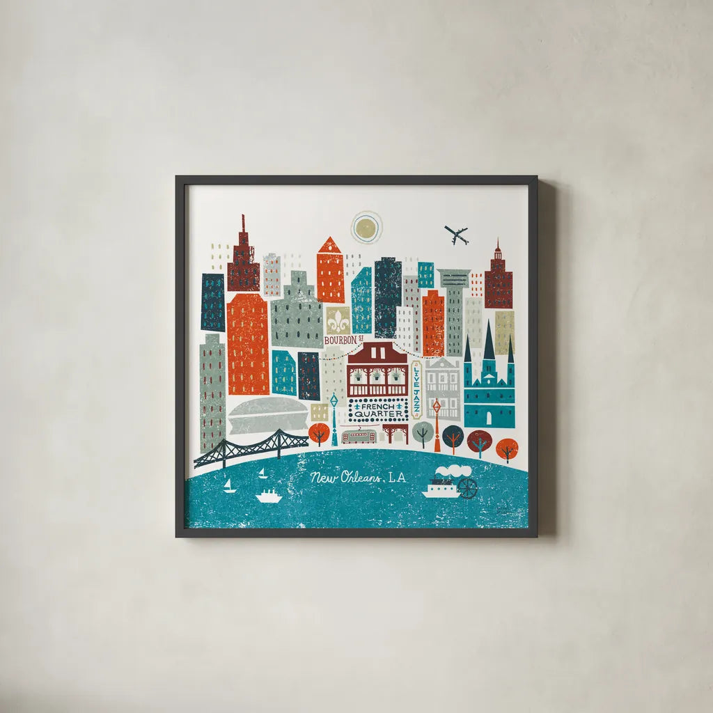 Colorful New Orleans Teal by Michael Mullan. Shown in a sleek black glass frame for a contemporary gallery look. Available as an archival giclee rolled canvas, fine art paper, or poster print. SKU 38515a.