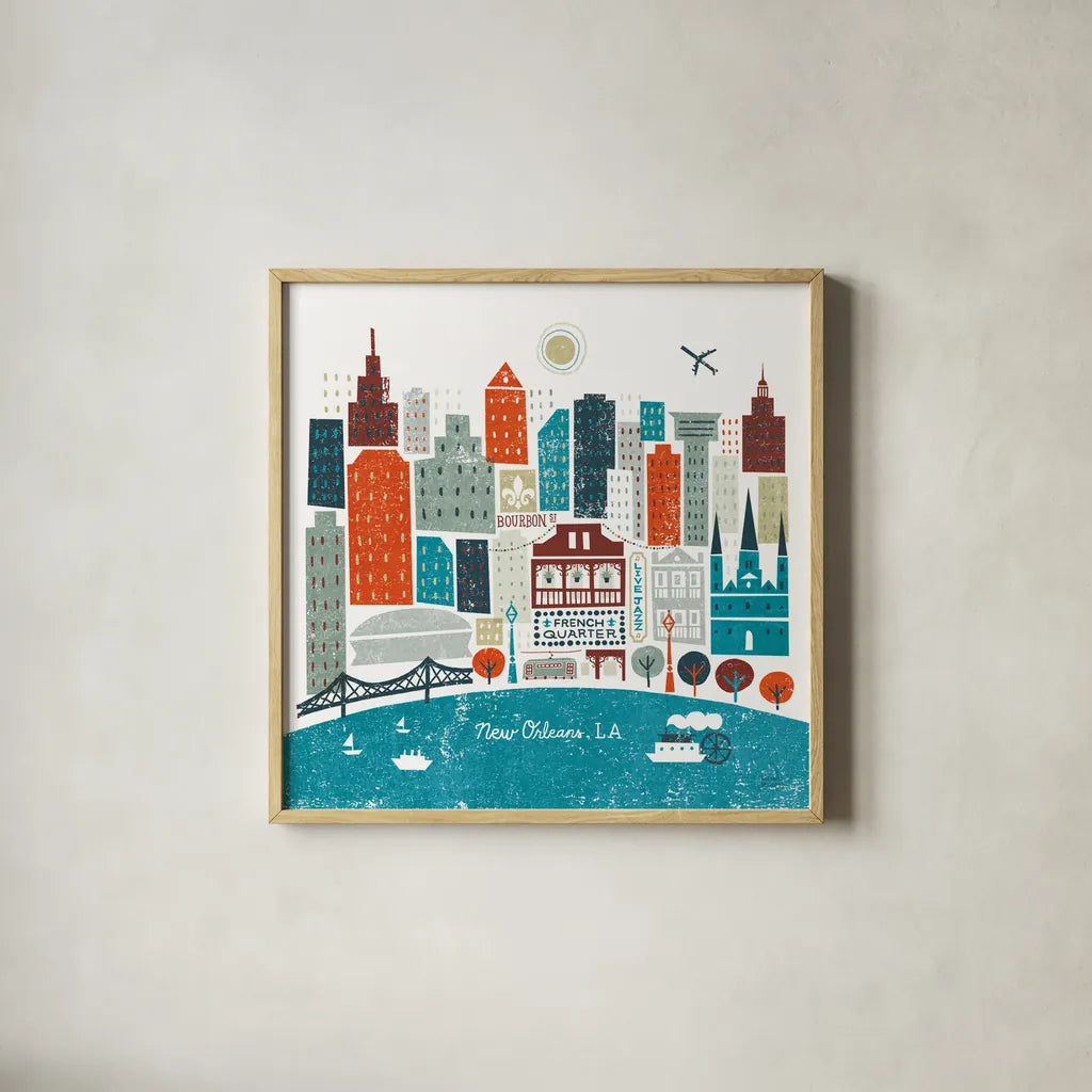 Colorful New Orleans Teal by Michael Mullan. Shown in a natural wood glass frame for a timeless modern aesthetic. Available as an archival giclee rolled canvas, fine art paper, or poster print. SKU 38515a.