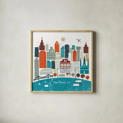 Colorful New Orleans Teal by Michael Mullan. Shown in a natural wood glass frame for a timeless modern aesthetic. Available as an archival giclee rolled canvas, fine art paper, or poster print. SKU 38515a.