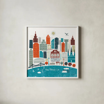 Colorful New Orleans Teal by Michael Mullan. Shown in a crisp white glass frame for a clean and minimalist style. Available as an archival giclee rolled canvas, fine art paper, or poster print. SKU 38515a.