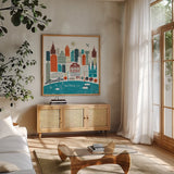 Colorful New Orleans Teal by Michael Mullan. Shown in a natural wood frame in a cozy modern living room. Available as an archival giclee rolled canvas, fine art paper, or poster print. SKU 38515a.