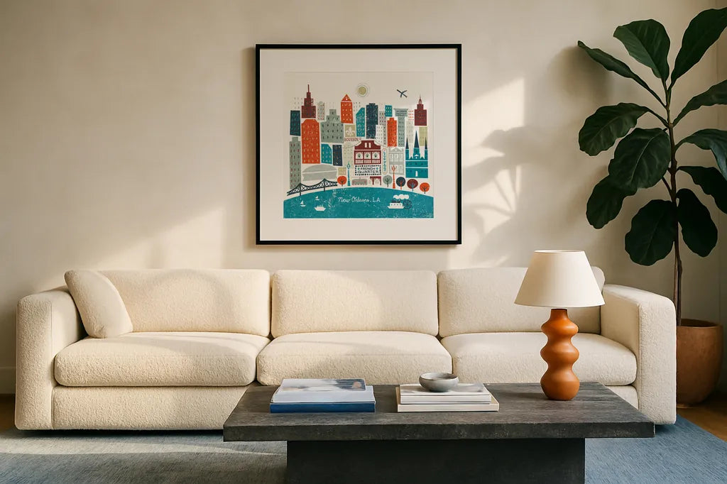 Colorful New Orleans Teal by Michael Mullan. Displayed in a glass frame with matte in a clean modern living room. Available as an archival giclee rolled canvas, fine art paper, or poster print. SKU 38515a.