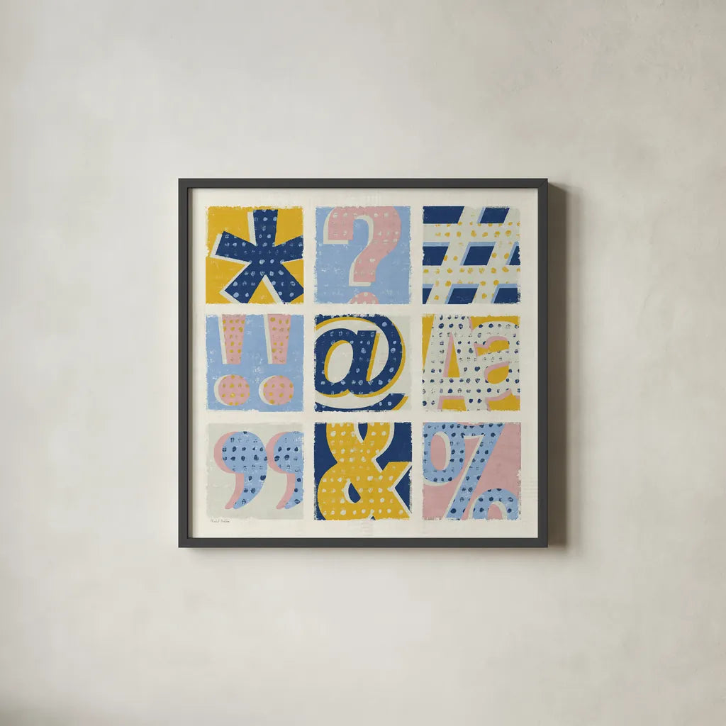 Colorful Statement Bright by Michael Mullan. Shown in a sleek black glass frame for a contemporary gallery look. Available as an archival giclee rolled canvas, fine art paper, or poster print. SKU 56572a.