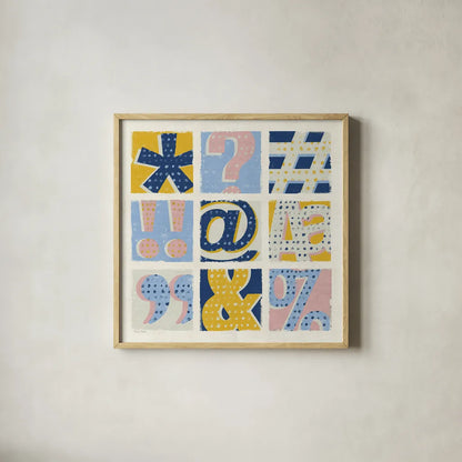 Colorful Statement Bright by Michael Mullan. Shown in a natural wood glass frame for a timeless modern aesthetic. Available as an archival giclee rolled canvas, fine art paper, or poster print. SKU 56572a.