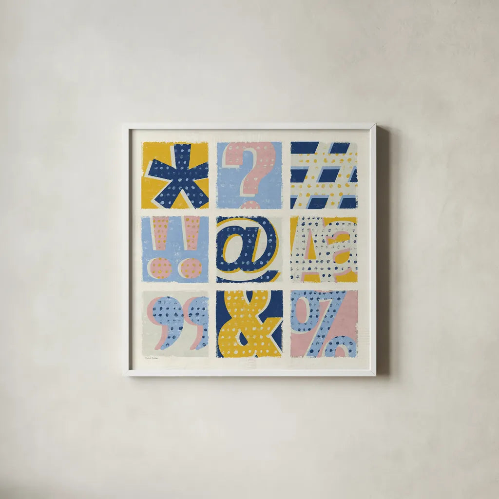 Colorful Statement Bright by Michael Mullan. Shown in a crisp white glass frame for a clean and minimalist style. Available as an archival giclee rolled canvas, fine art paper, or poster print. SKU 56572a.