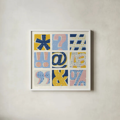 Colorful Statement Bright by Michael Mullan. Shown in a crisp white glass frame for a clean and minimalist style. Available as an archival giclee rolled canvas, fine art paper, or poster print. SKU 56572a.