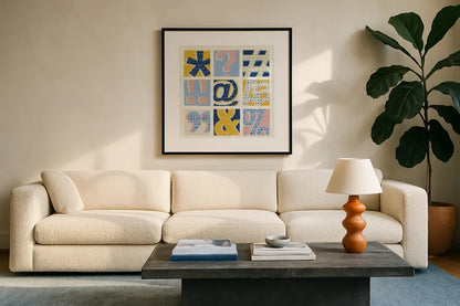 Colorful Statement Bright by Michael Mullan. Displayed in a glass frame with matte in a clean modern living room. Available as an archival giclee rolled canvas, fine art paper, or poster print. SKU 56572a.