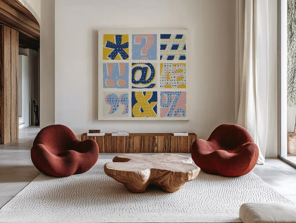 Colorful Statement Bright by Michael Mullan. Shown as extra-large giant wall art in a modern living room. Available as an archival giclee rolled canvas, fine art paper, or poster print. SKU 56572a.