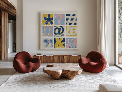 Colorful Statement Bright by Michael Mullan. Shown as extra-large giant wall art in a modern living room. Available as an archival giclee rolled canvas, fine art paper, or poster print. SKU 56572a.