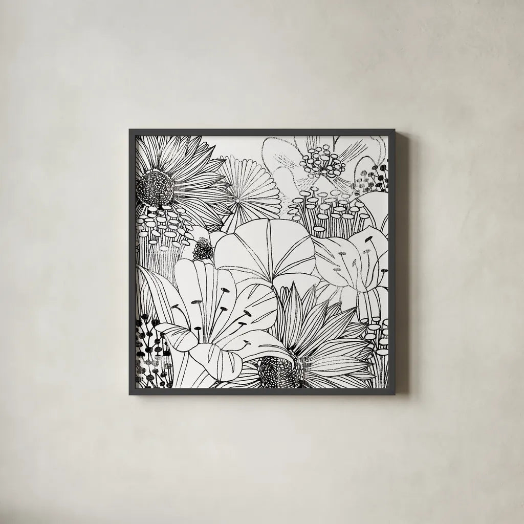 Contemporary Garden I Black and White by Michael Mullan. Shown in a sleek black glass frame for a contemporary gallery look. Available as an archival giclee rolled canvas, fine art paper, or poster print. SKU 29113a.