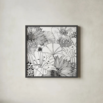 Contemporary Garden I Black and White by Michael Mullan. Shown in a sleek black glass frame for a contemporary gallery look. Available as an archival giclee rolled canvas, fine art paper, or poster print. SKU 29113a.