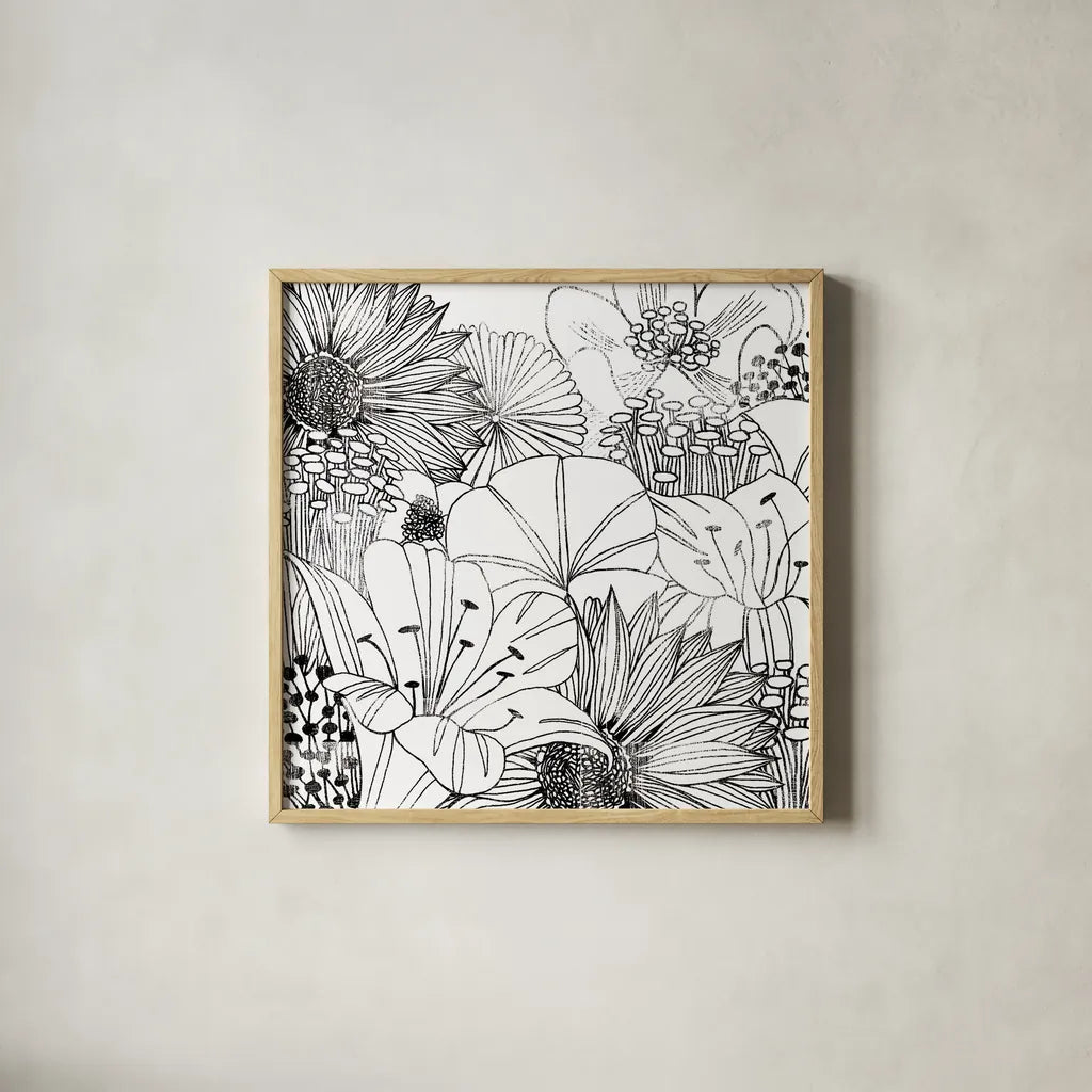 Contemporary Garden I Black and White by Michael Mullan. Shown in a natural wood glass frame for a timeless modern aesthetic. Available as an archival giclee rolled canvas, fine art paper, or poster print. SKU 29113a.