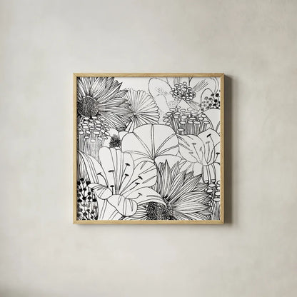 Contemporary Garden I Black and White by Michael Mullan. Shown in a natural wood glass frame for a timeless modern aesthetic. Available as an archival giclee rolled canvas, fine art paper, or poster print. SKU 29113a.