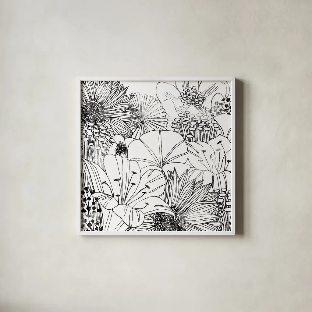 Contemporary Garden I Black and White by Michael Mullan. Shown in a crisp white glass frame for a clean and minimalist style. Available as an archival giclee rolled canvas, fine art paper, or poster print. SKU 29113a.