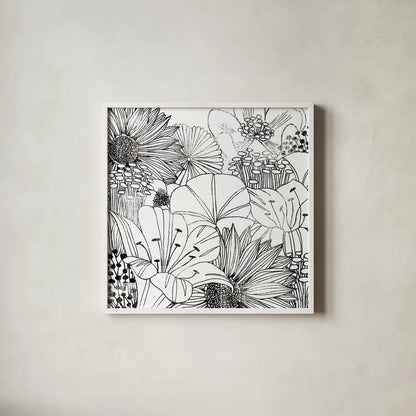 Contemporary Garden I Black and White by Michael Mullan. Shown in a crisp white glass frame for a clean and minimalist style. Available as an archival giclee rolled canvas, fine art paper, or poster print. SKU 29113a.