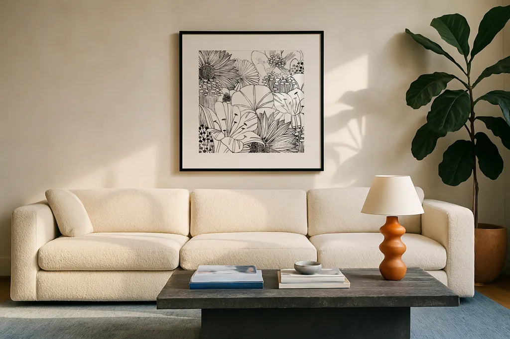 Contemporary Garden I Black and White by Michael Mullan. Displayed in a glass frame with matte in a clean modern living room. Available as an archival giclee rolled canvas, fine art paper, or poster print. SKU 29113a.