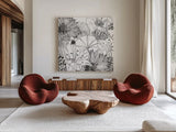 Contemporary Garden I Black and White by Michael Mullan. Shown as extra-large giant wall art in a modern living room. Available as an archival giclee rolled canvas, fine art paper, or poster print. SKU 29113a.