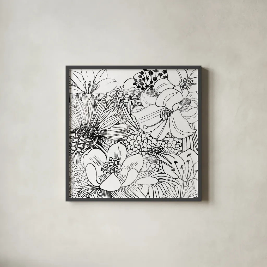 Contemporary Garden II Black and White by Michael Mullan. Shown in a sleek black glass frame for a contemporary gallery look. Available as an archival giclee rolled canvas, fine art paper, or poster print. SKU 29114a.
