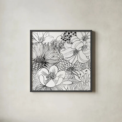 Contemporary Garden II Black and White by Michael Mullan. Shown in a sleek black glass frame for a contemporary gallery look. Available as an archival giclee rolled canvas, fine art paper, or poster print. SKU 29114a.