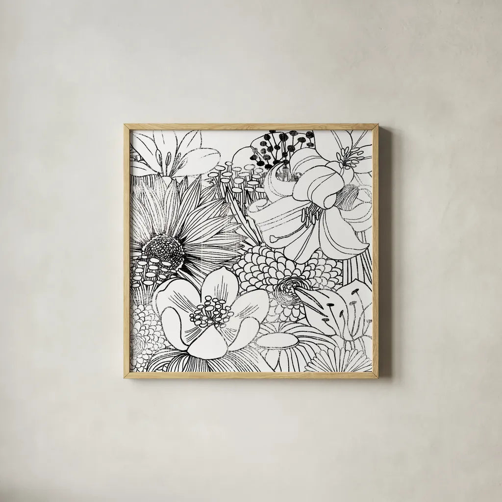 Contemporary Garden II Black and White by Michael Mullan. Shown in a natural wood glass frame for a timeless modern aesthetic. Available as an archival giclee rolled canvas, fine art paper, or poster print. SKU 29114a.