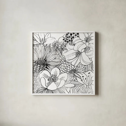 Contemporary Garden II Black and White by Michael Mullan. Shown in a crisp white glass frame for a clean and minimalist style. Available as an archival giclee rolled canvas, fine art paper, or poster print. SKU 29114a.