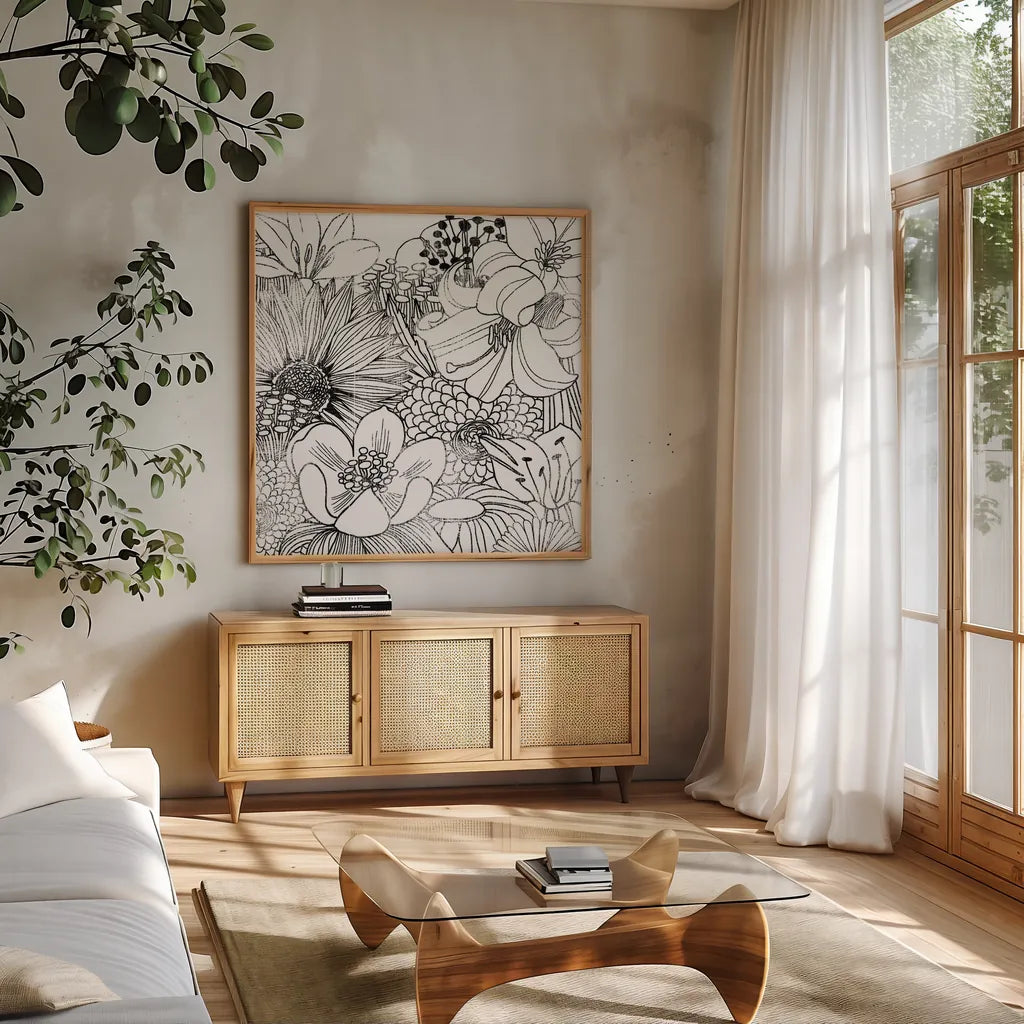Contemporary Garden II Black and White by Michael Mullan. Shown in a natural wood frame in a cozy modern living room. Available as an archival giclee rolled canvas, fine art paper, or poster print. SKU 29114a.