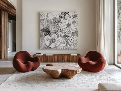 Contemporary Garden II Black and White by Michael Mullan. Shown as extra-large giant wall art in a modern living room. Available as an archival giclee rolled canvas, fine art paper, or poster print. SKU 29114a.